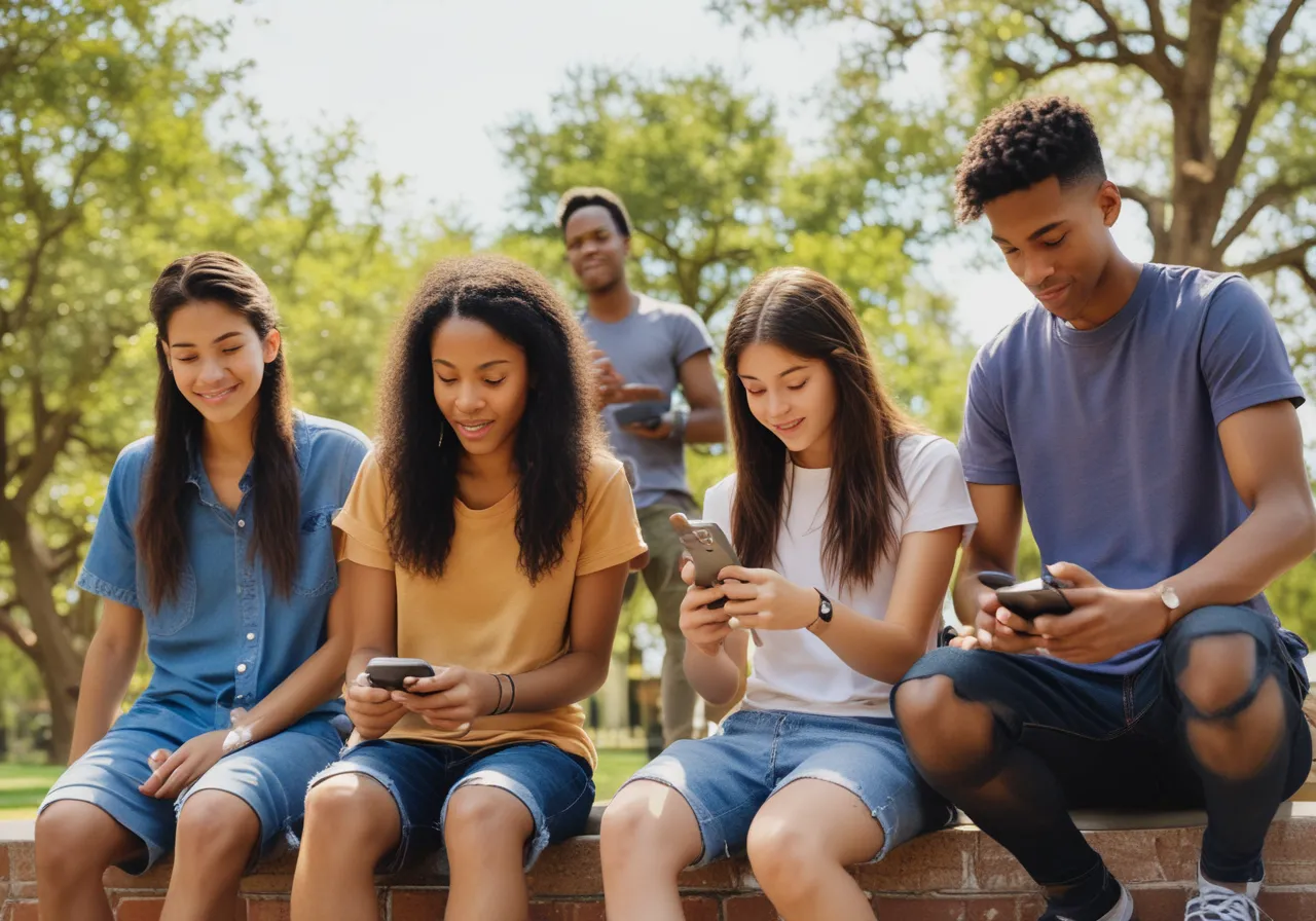 Teens using smartphones in Houston park