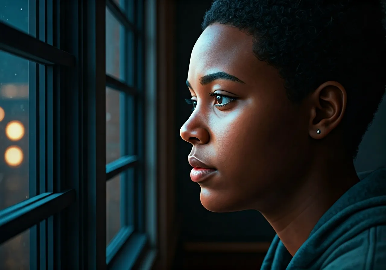 thoughtful student at window