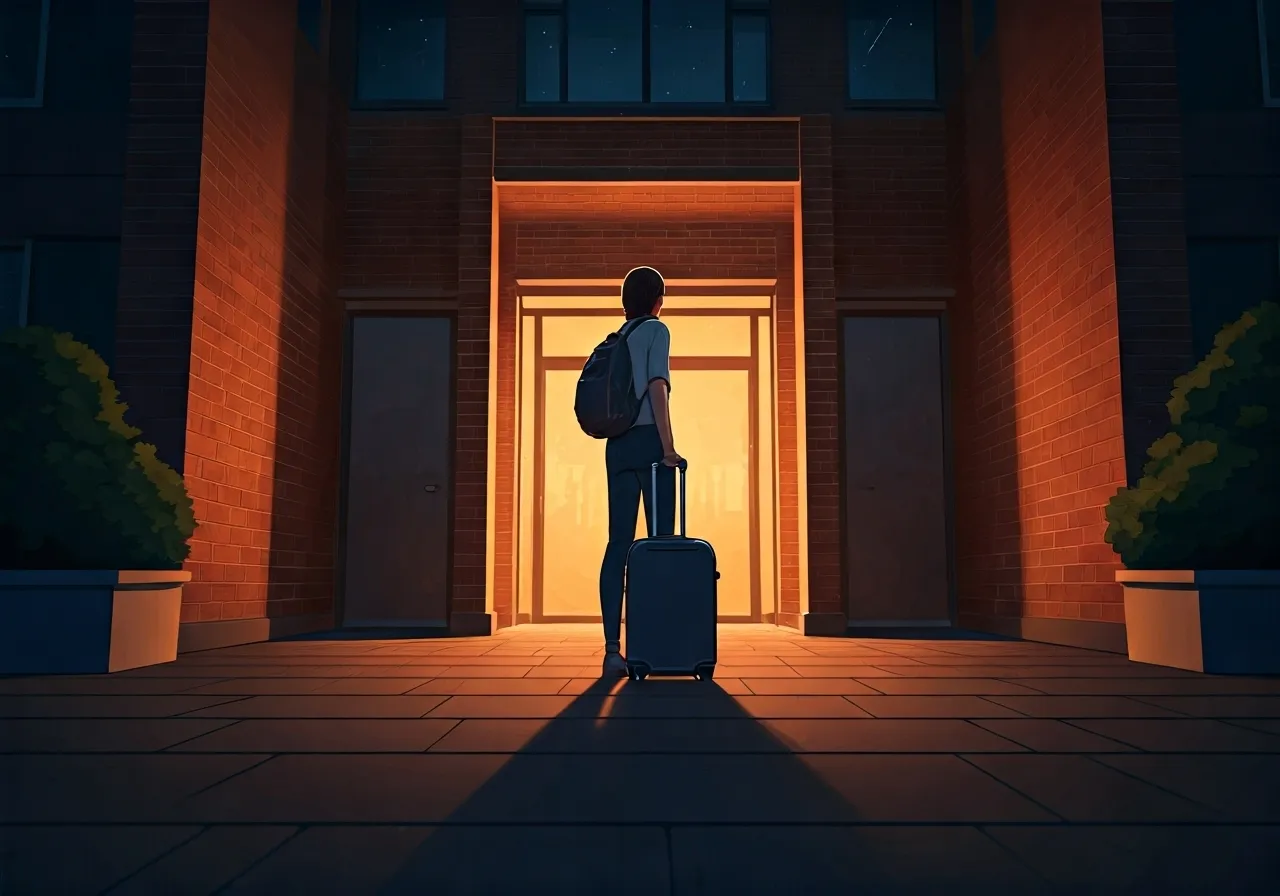 student arriving at dorm alone