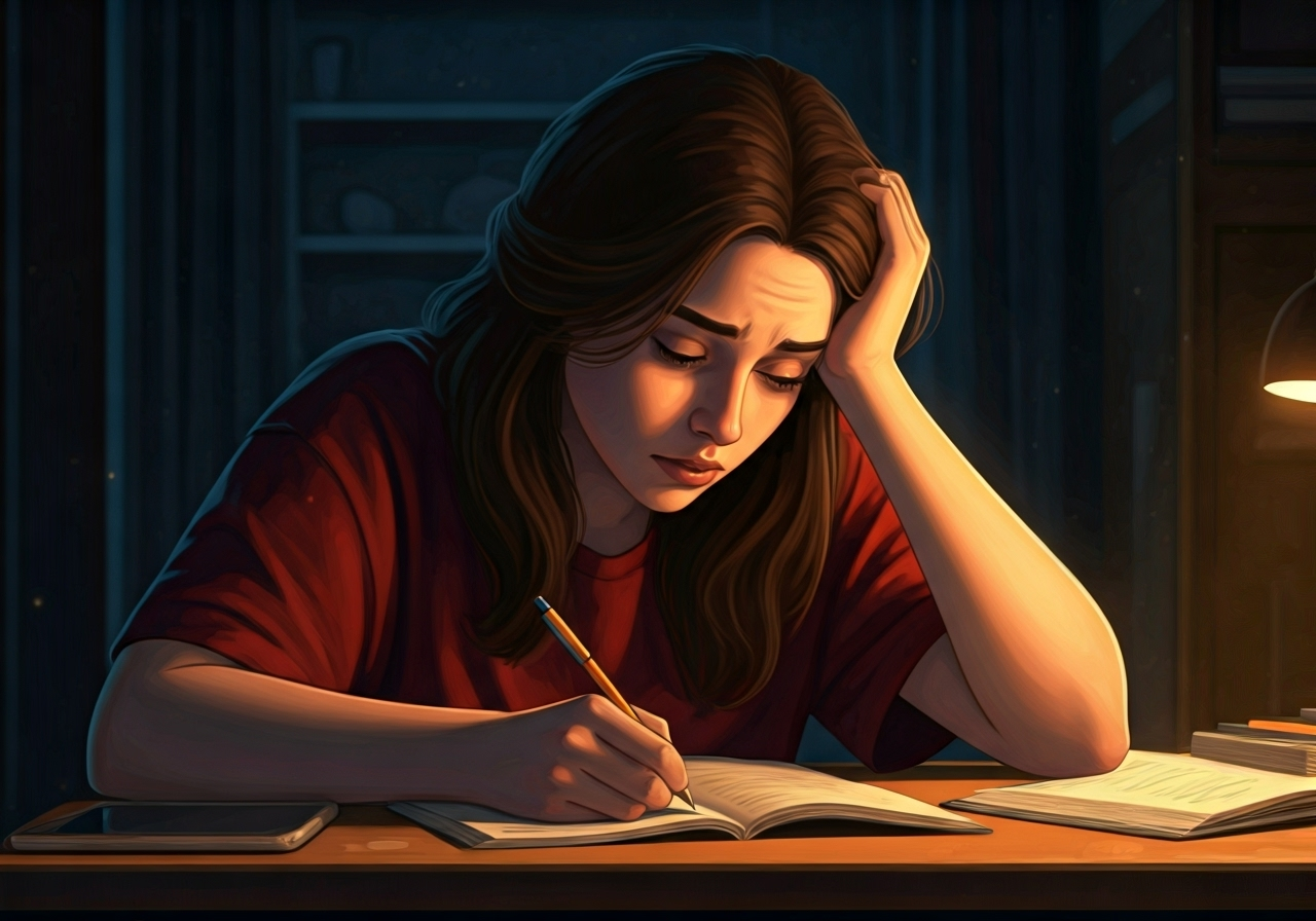 Stressed student studying alone
