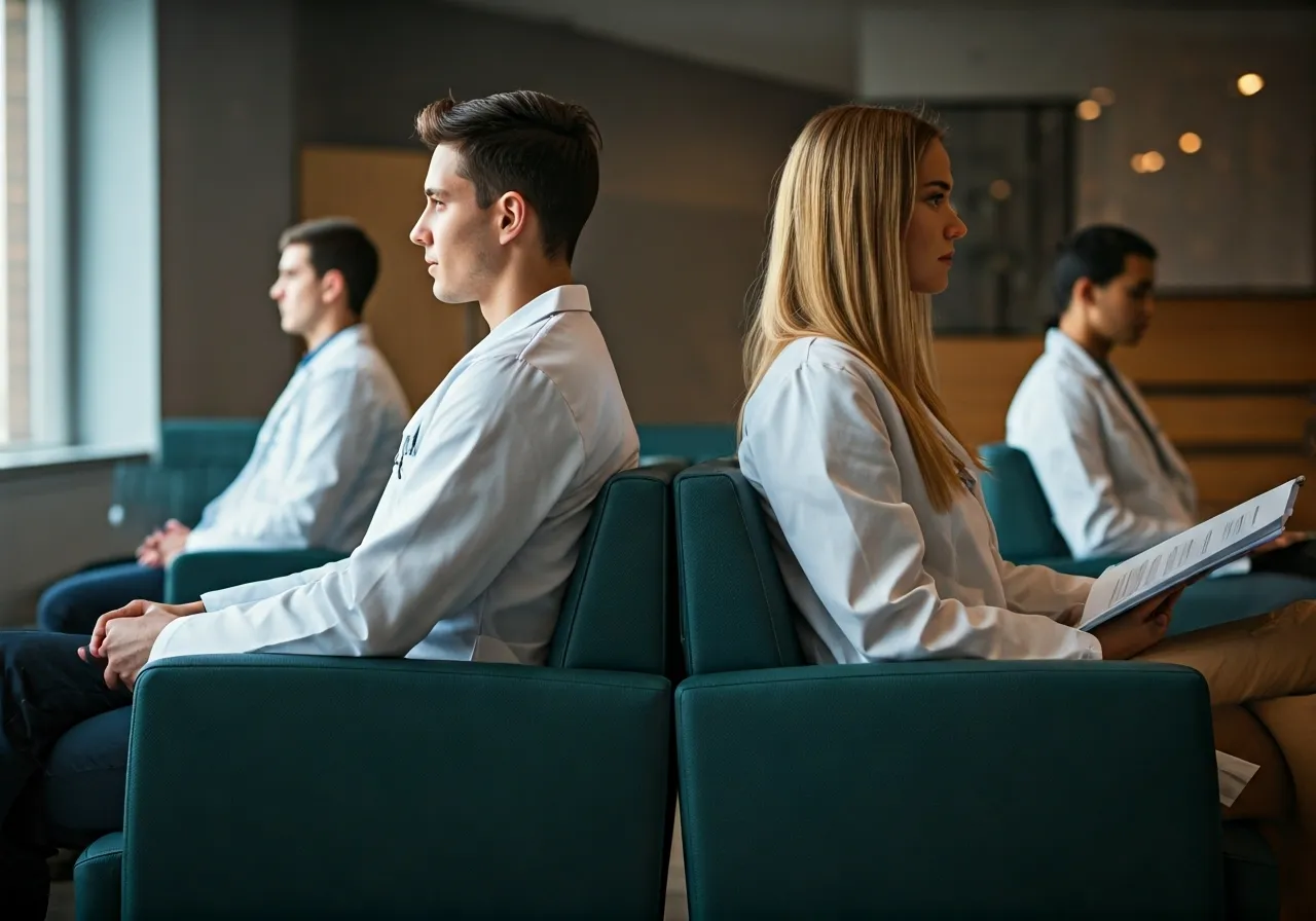 Medical students sitting apart