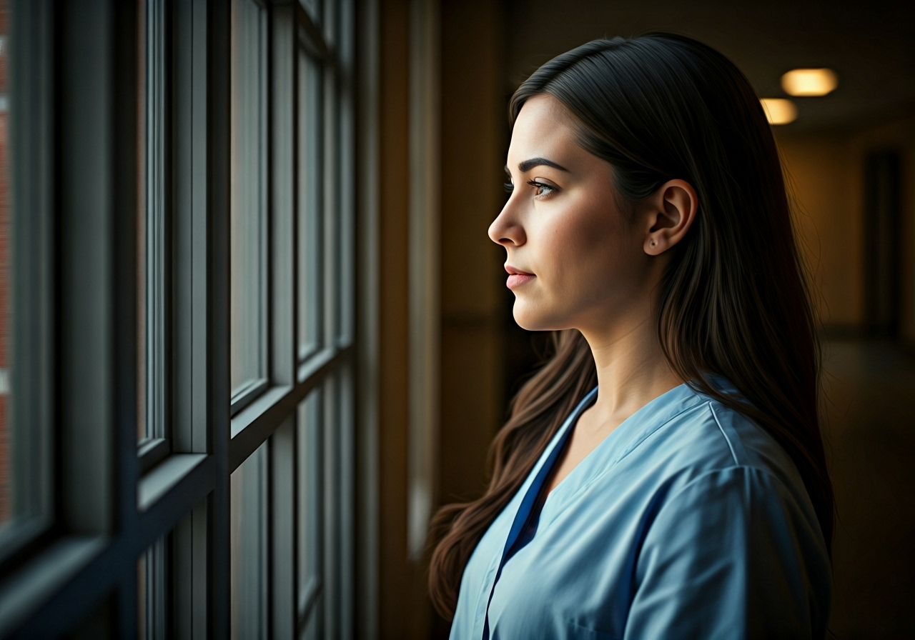 Thoughtful student at window