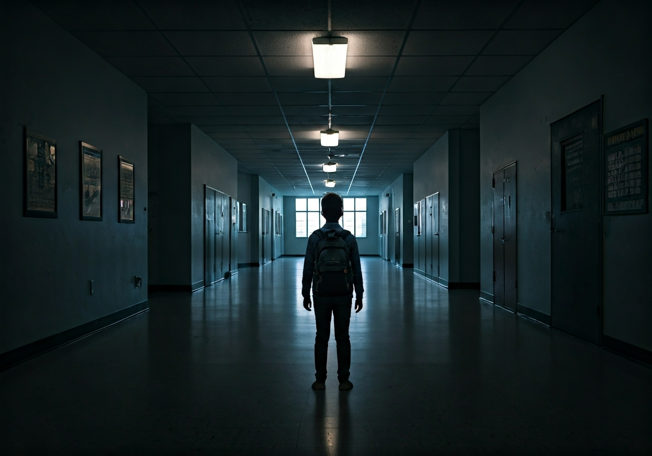 Student in shadowy hallway