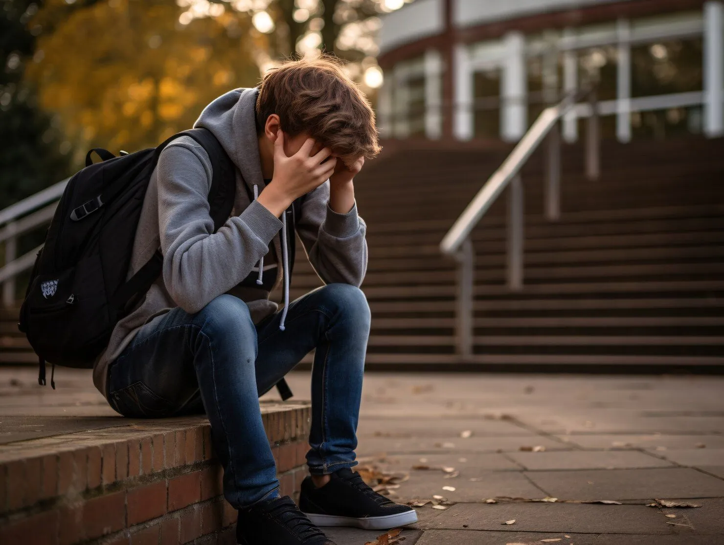 Young student sitting alone on a campus bench, staring at the ground with a distressed expression.