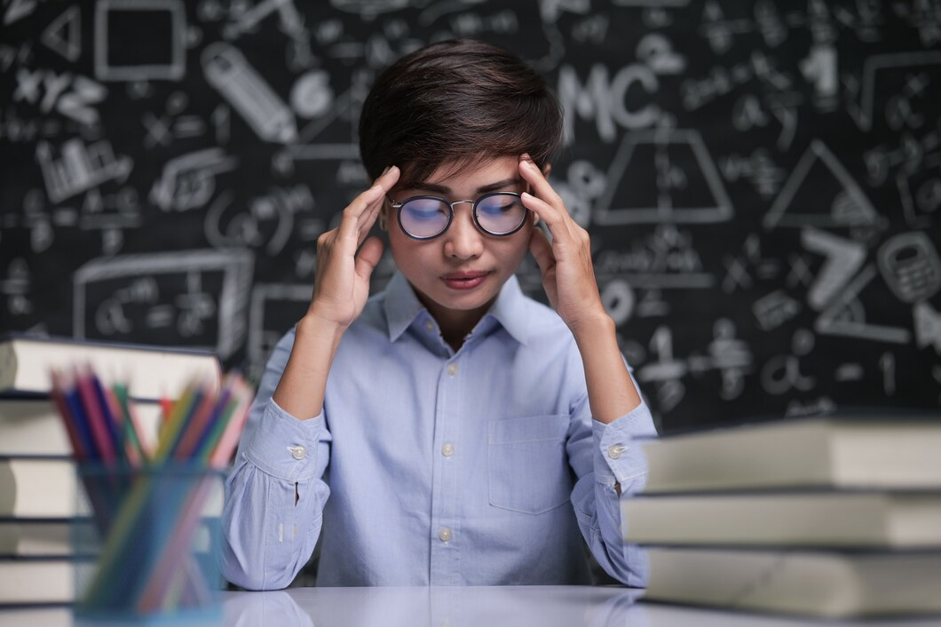 Stressed student sitting at desk with heavy school workload