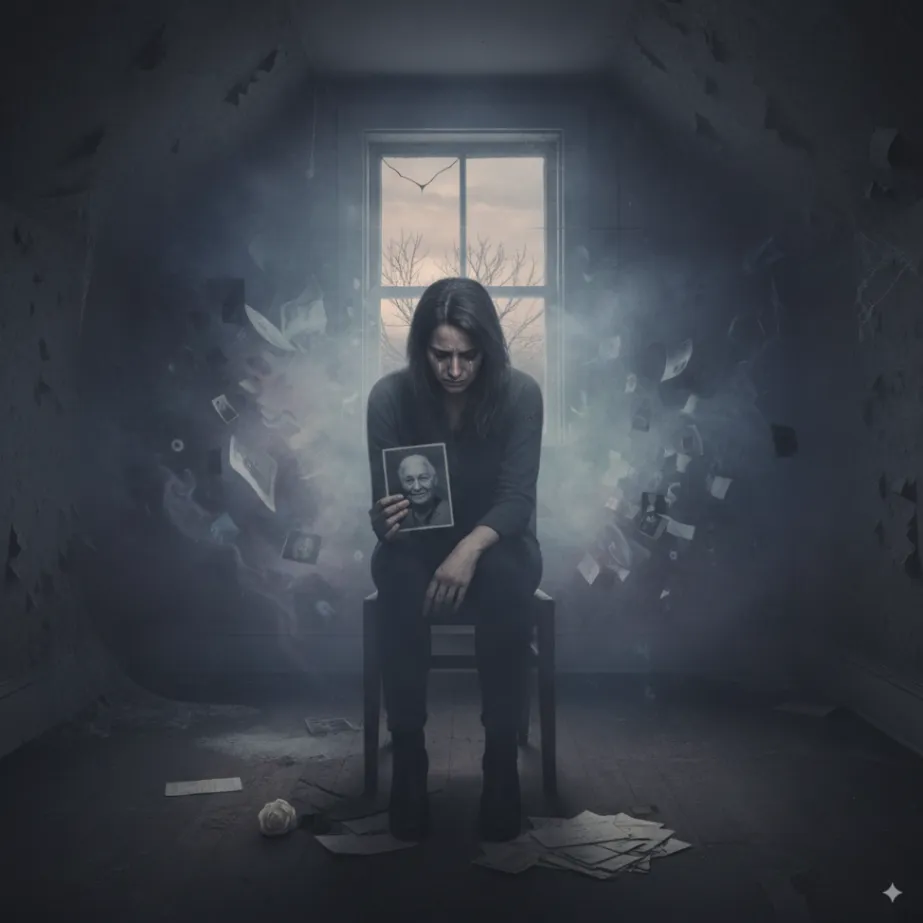 A lone woman sits in a dilapidated, dusty room, holding a framed photograph of an older man.