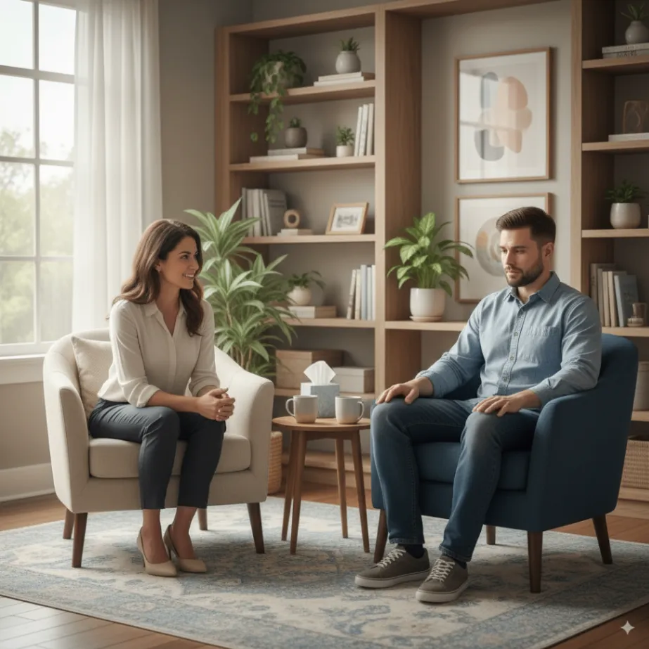  A female counselor is seated in a light-colored armchair, facing a male patient who is in a blue armchair.