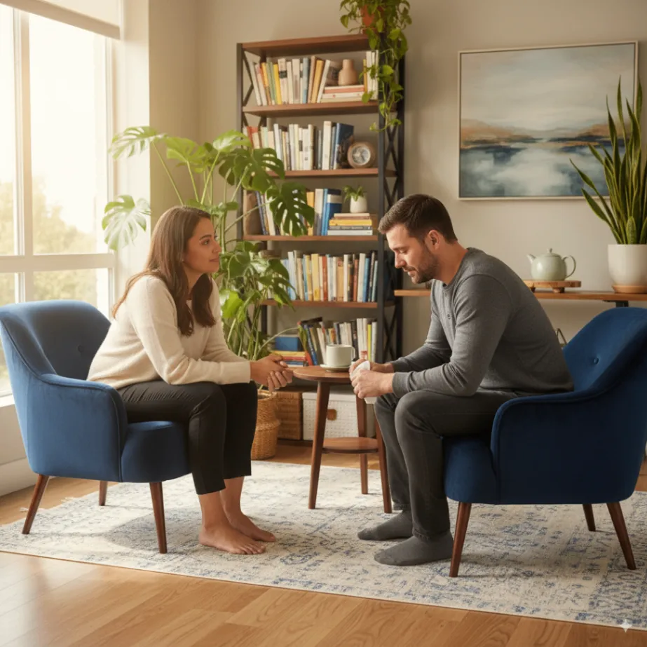 A compassionate counselor offering support to a grieving client in a calm, comfortable therapy office, symbolizing the healing benefits of grief counseling.