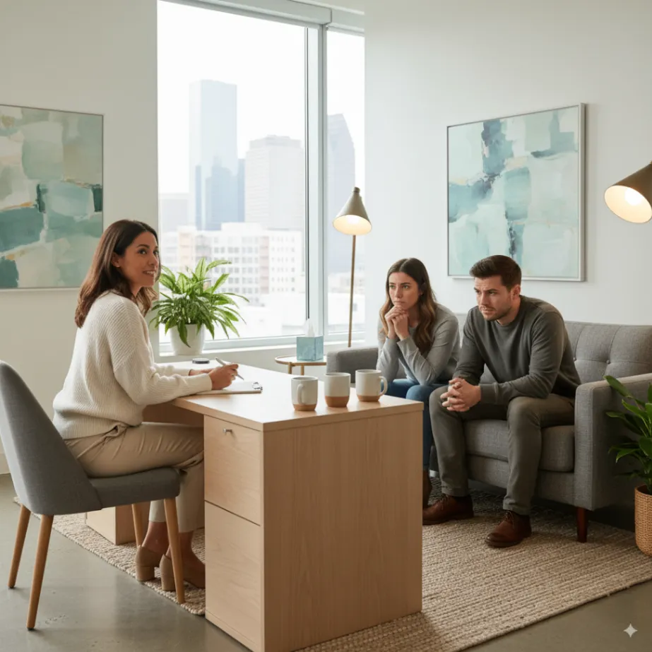 A therapist calmly evaluating a couple showing signs of relationship anxiety in a counseling session.