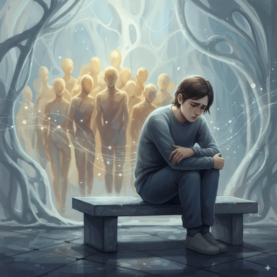 Person sitting alone with a distant, blurred group in the background, illustrating the psychological roots of rejection sensitivity, social anxiety, and fear of abandonment.