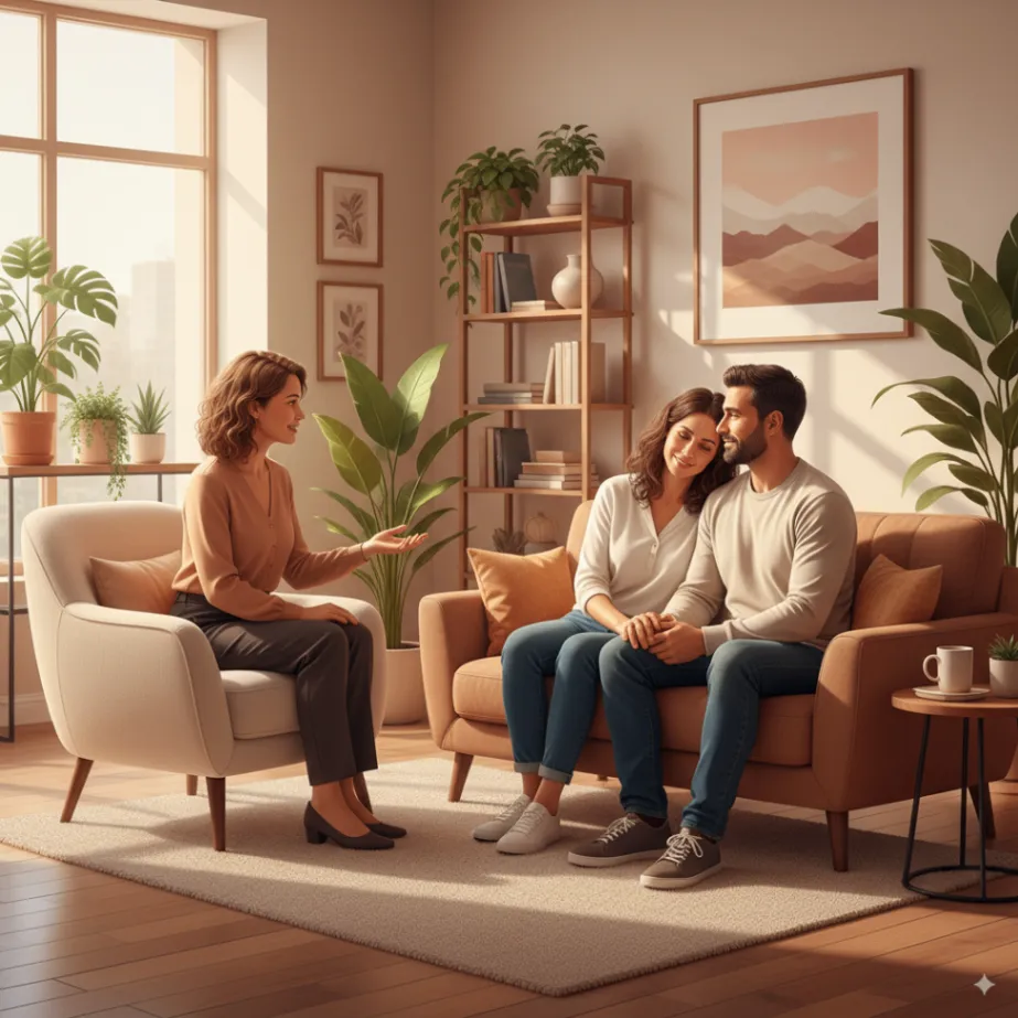 Couple sitting together in a counseling session, guided by a therapist, symbolizing strategies for coping together and strengthening their relationship.