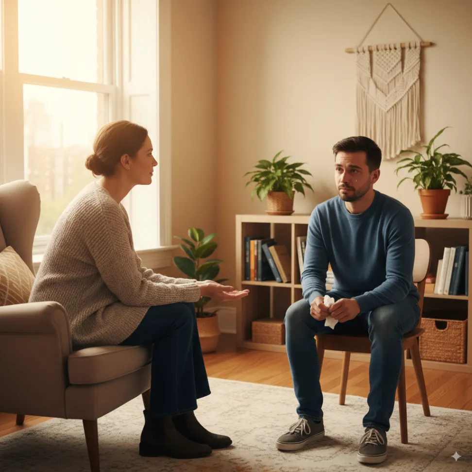 A counselor gently supporting a grieving person in a warm, softly lit therapy room, showing empathy and guidance as the patient copes with the loss of a loved one.