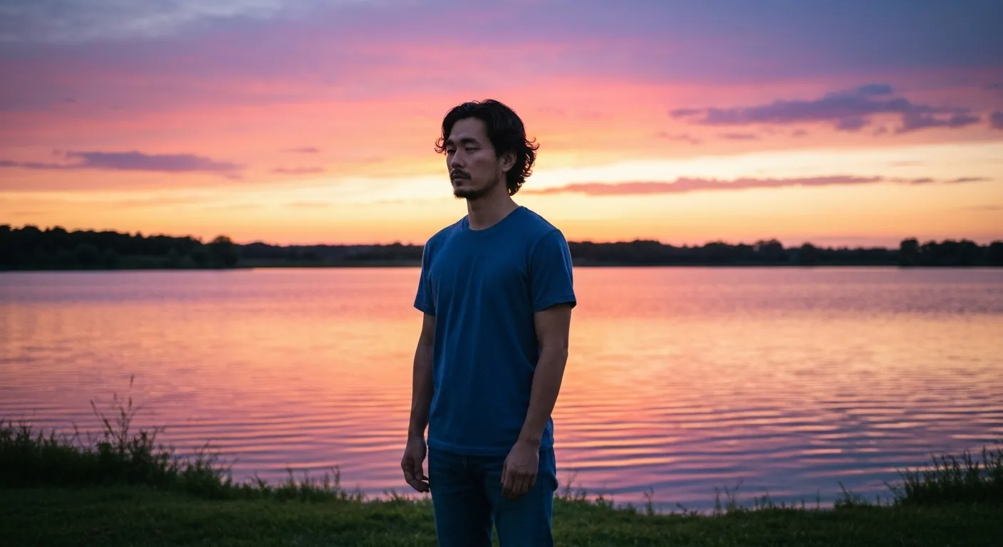 Person reflecting by a lake at sunset
