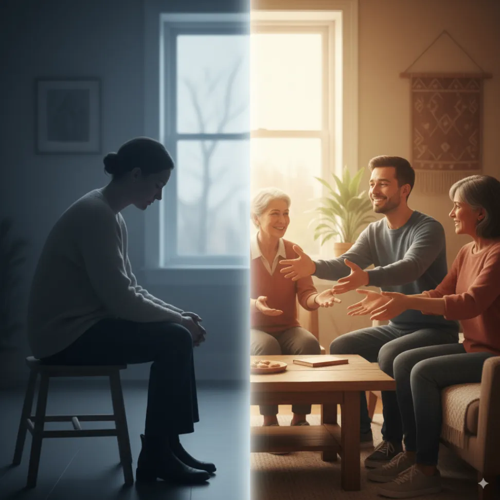Illustration of a person moving from sitting alone in isolation to joining a supportive group, symbolizing building connections and managing loneliness.