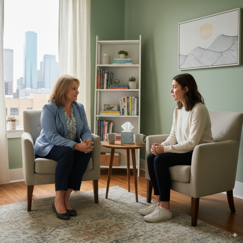 Counselor supporting a patient during a therapy session in a warm Houston office, symbolizing different types of therapy and support available.