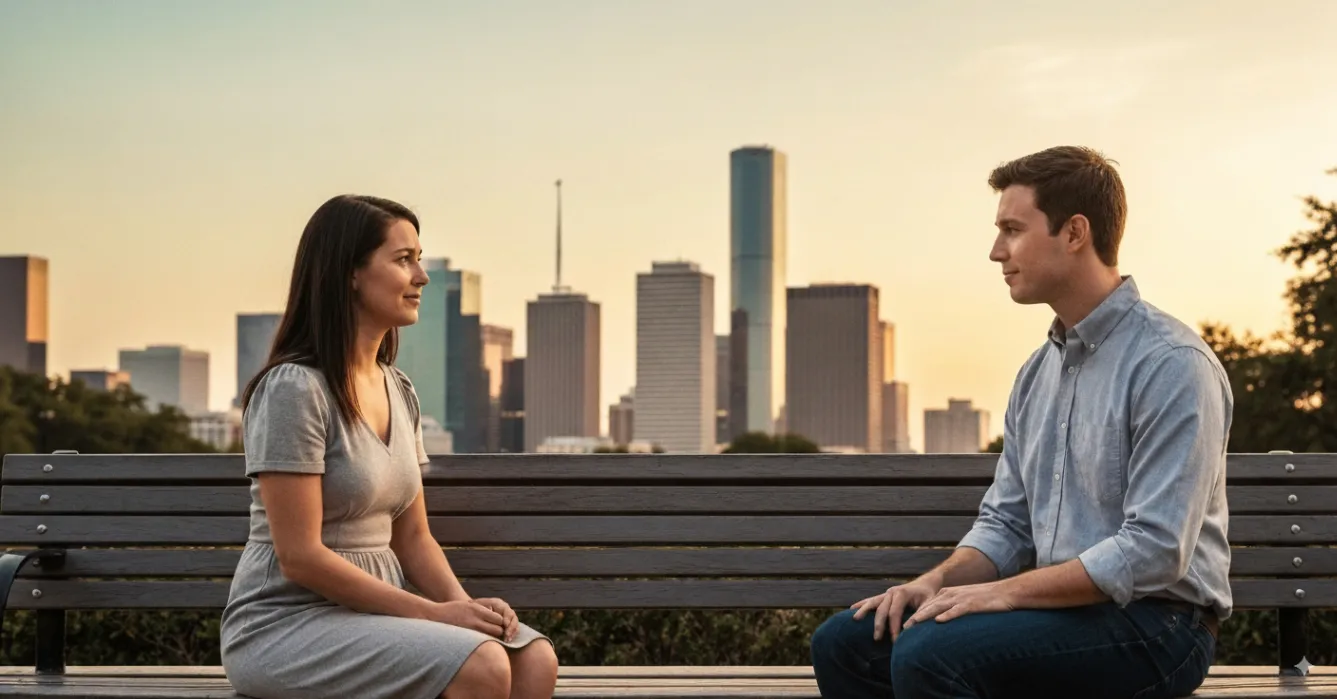 supportive conversation in Houston park