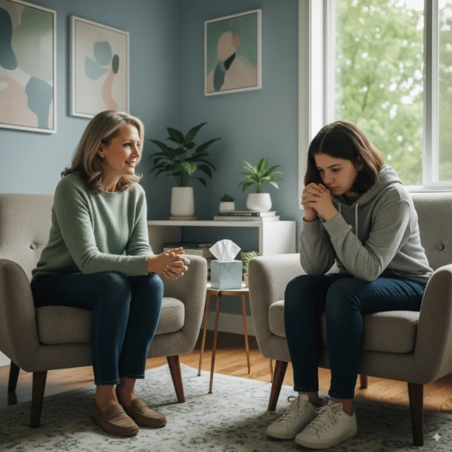 Counselor supporting a teenager during a therapy session, illustrating the effects of depression on teen mental health and the importance of professional help.