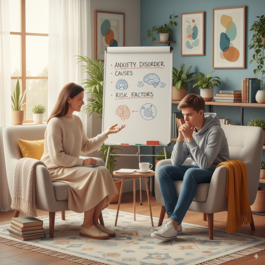 Counselor talking with a teenager in a calm therapy office, helping them understand the causes and risk factors of anxiety disorders in a supportive setting.