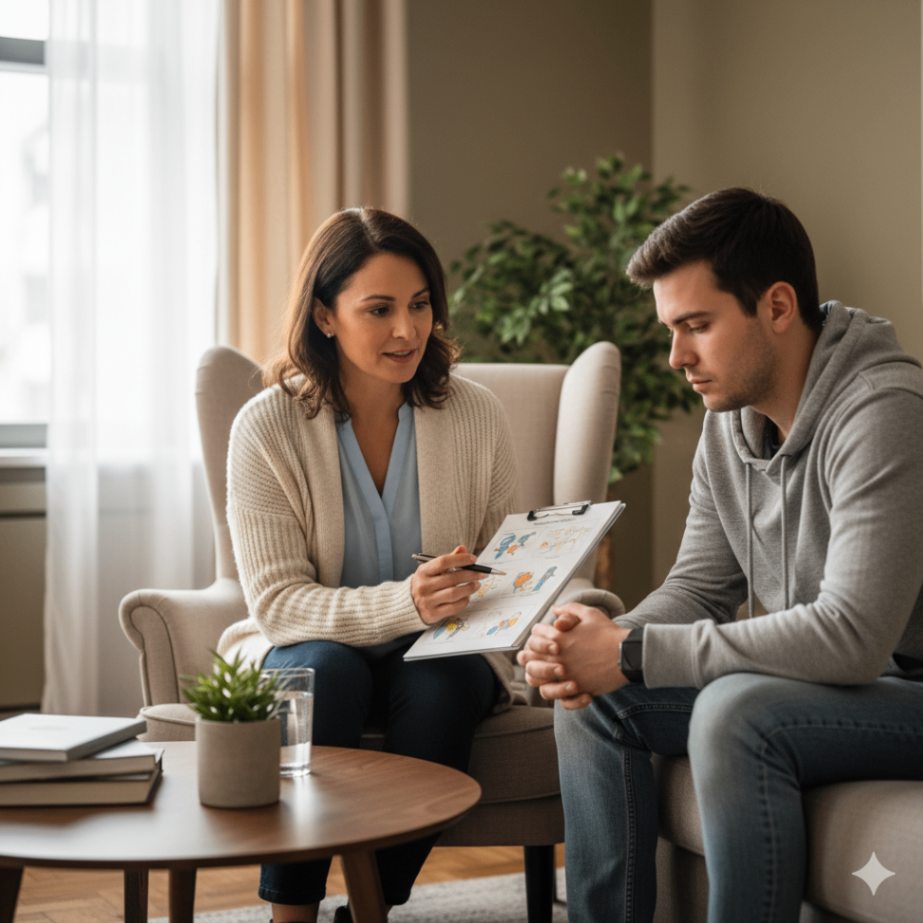 Counselor explaining the common symptoms of depression to a patient during a therapy session, showing empathy and guidance in a supportive office setting.