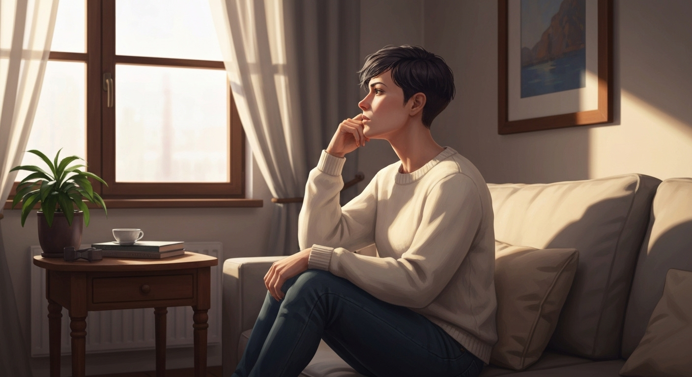 Person gazing out window reflectively