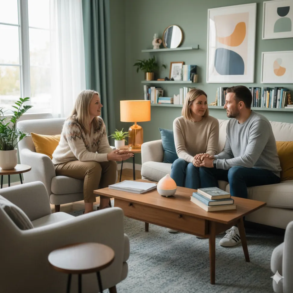 Couples counseling session with a therapist guiding two partners in improving communication, showing active listening and understanding in a supportive office setting.