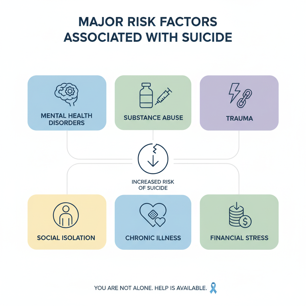 Infographic titled ‘Major Risk Factors Associated with Suicide’ showing labeled icons or boxes for mental health disorders, substance abuse, trauma, social isolation, chronic illness, and financial stress. Calm, neutral colors with clean, easy-to-read typography, designed to be informative and supportive.