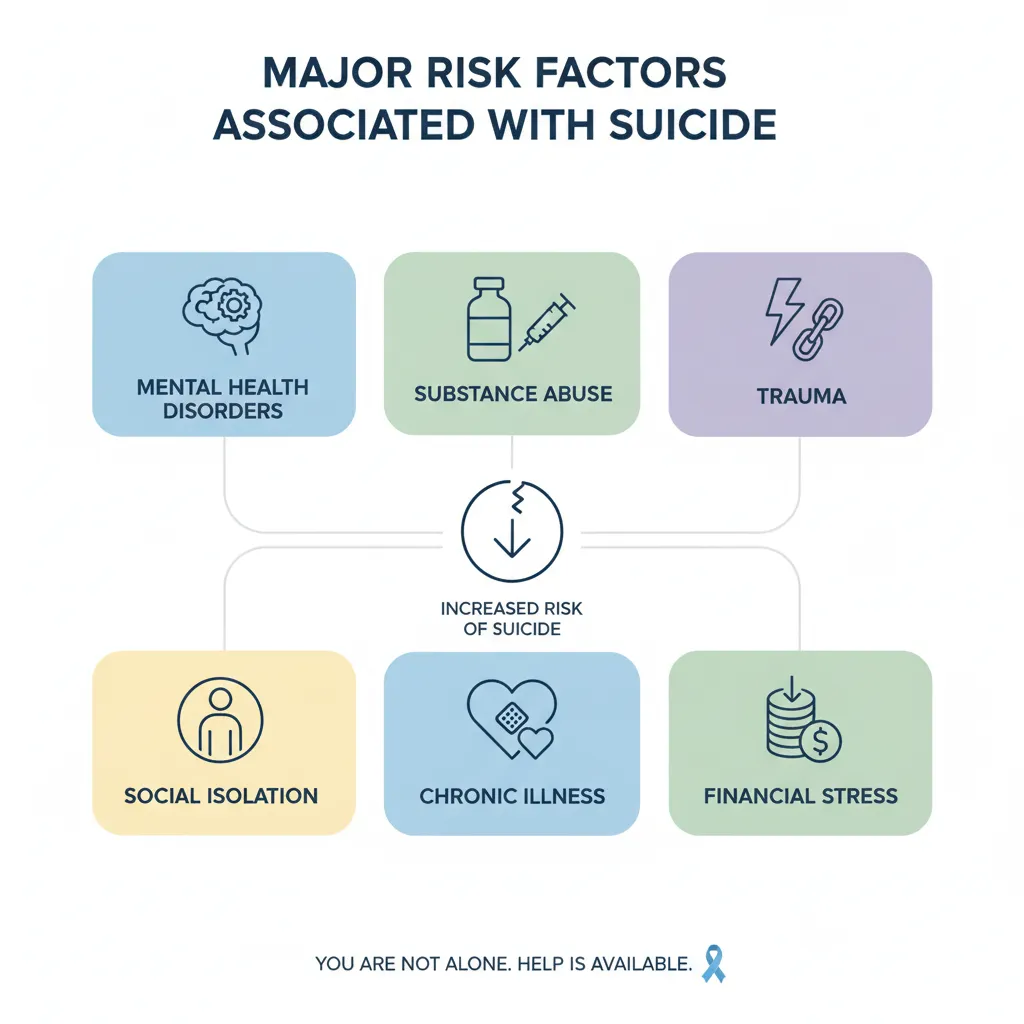 Infographic titled ‘Major Risk Factors Associated with Suicide’ showing labeled icons or boxes for mental health disorders, substance abuse, trauma, social isolation, chronic illness, and financial stress. Calm, neutral colors with clean, easy-to-read typography, designed to be informative and supportive.