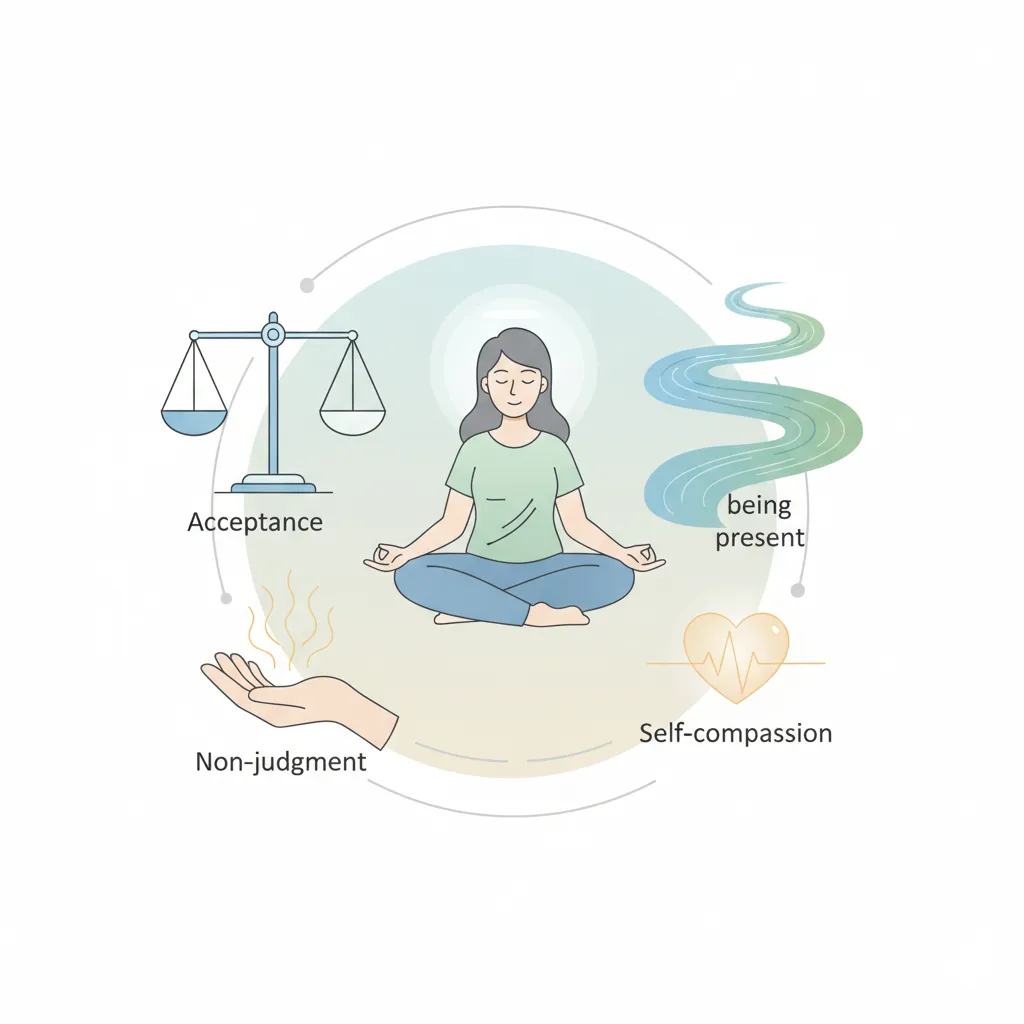 Illustration of mindfulness therapy principles shown through symbolic visuals — a meditating person, balanced scale for acceptance, open hand for non-judgment, flowing river for presence, and glowing heart for self-compassion.