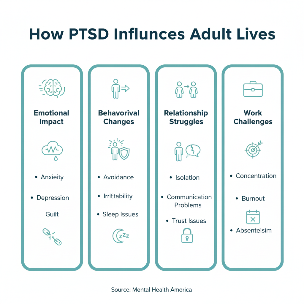Infographic on how PTSD affects adults, highlighting emotional, behavioral, relationship, and work challenges.
