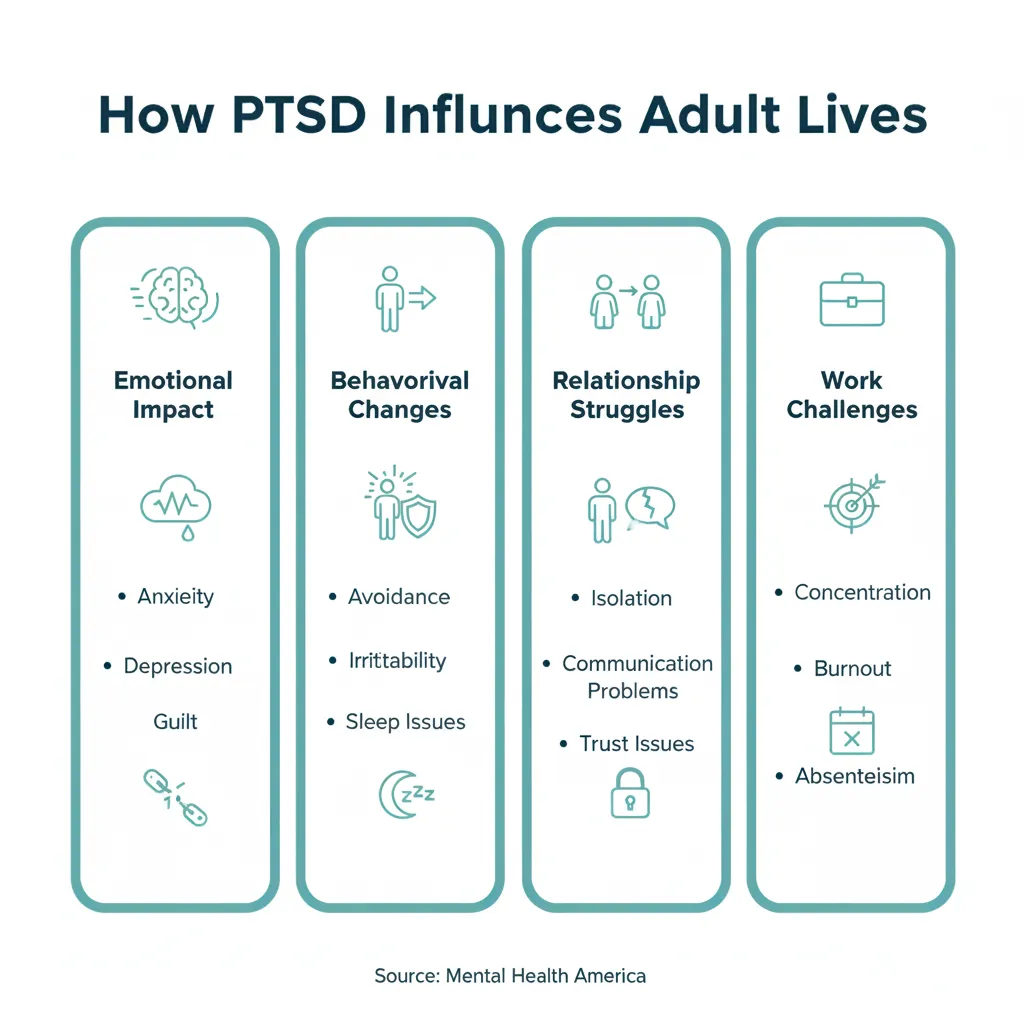 Infographic on how PTSD affects adults, highlighting emotional, behavioral, relationship, and work challenges.