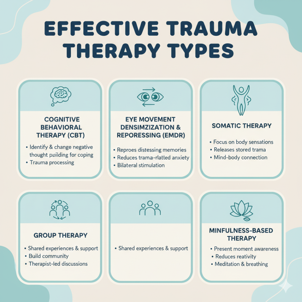 Infographic explaining types of effective trauma therapy, including Cognitive Behavioral Therapy (CBT), EMDR, Somatic Therapy, Group Therapy, and Mindfulness-Based Therapy, shown with calming icons and modern design.