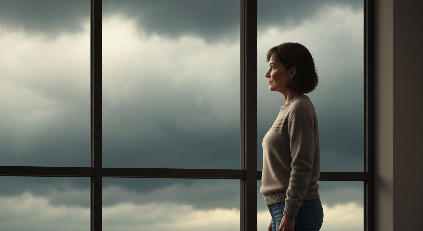 Person gazing out cloudy window
