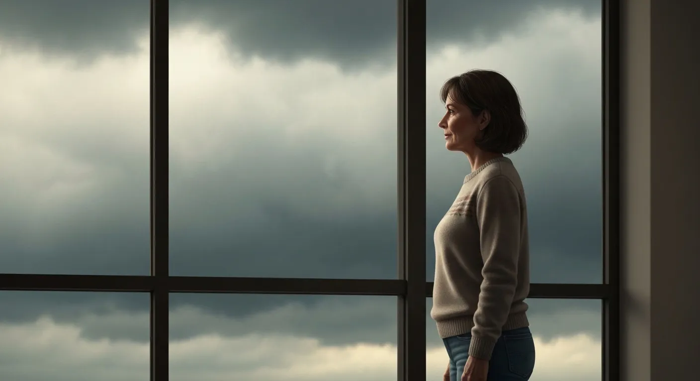 Person gazing out cloudy window