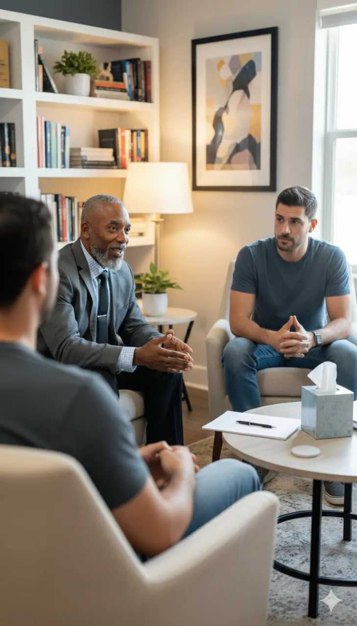 men in therapy session room