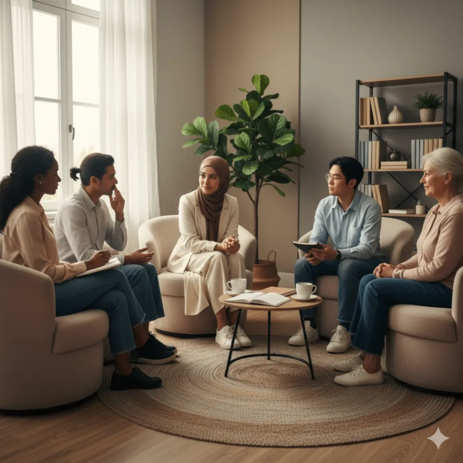 Muslim therapist leading a group counseling session indoors, sitting in a circle with diverse adult patients, offering emotional support in a warm, professional therapy setting.