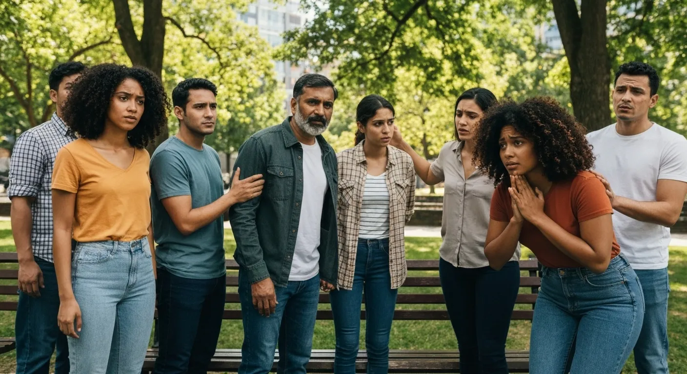 Men and women showing anxiety outdoors