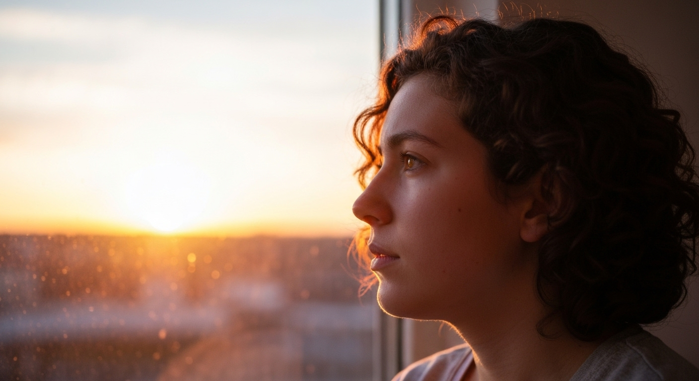 person looking out window at sunrise