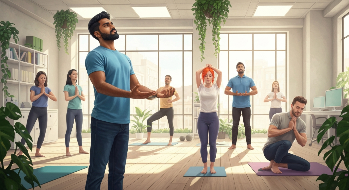 Employees practicing stress relief exercises