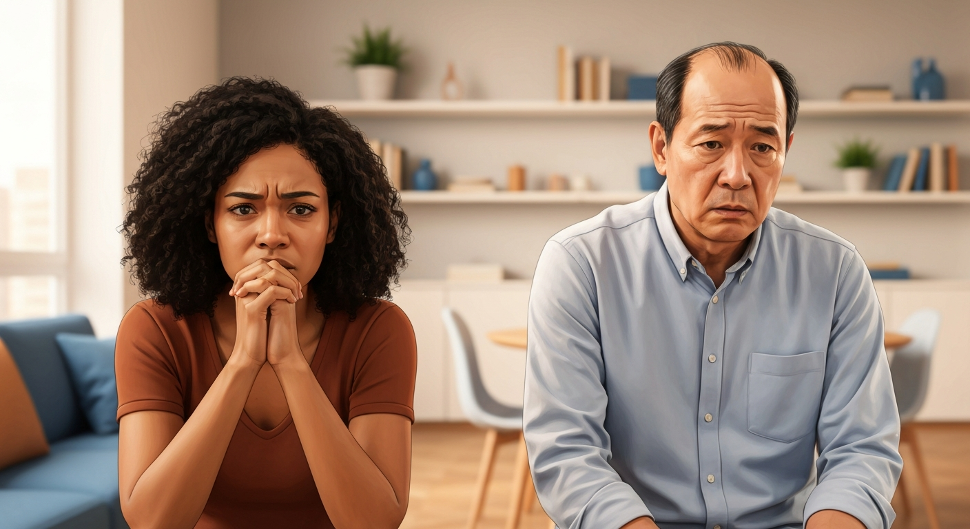 Stressed and anxious people indoors