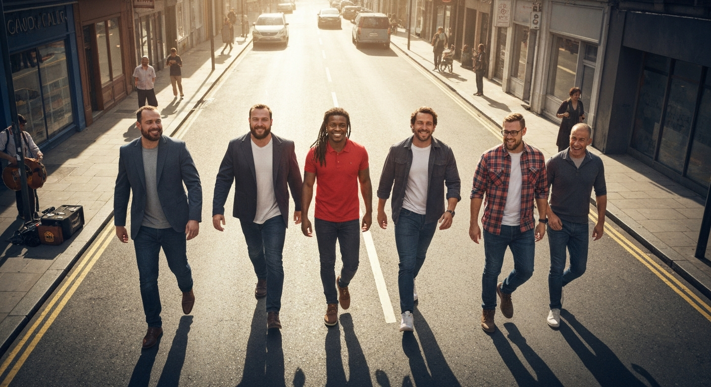 Confident men walk in city