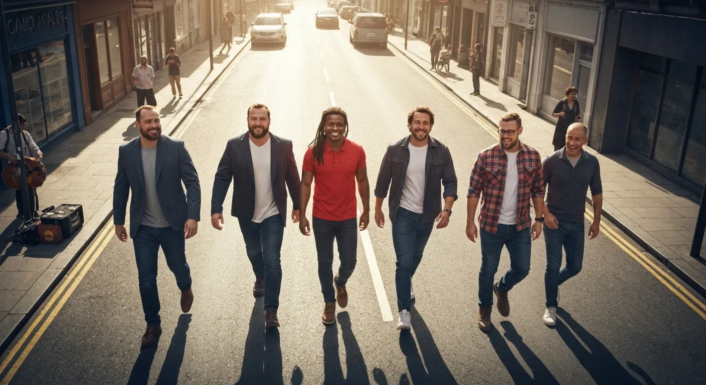 Confident men walk in city