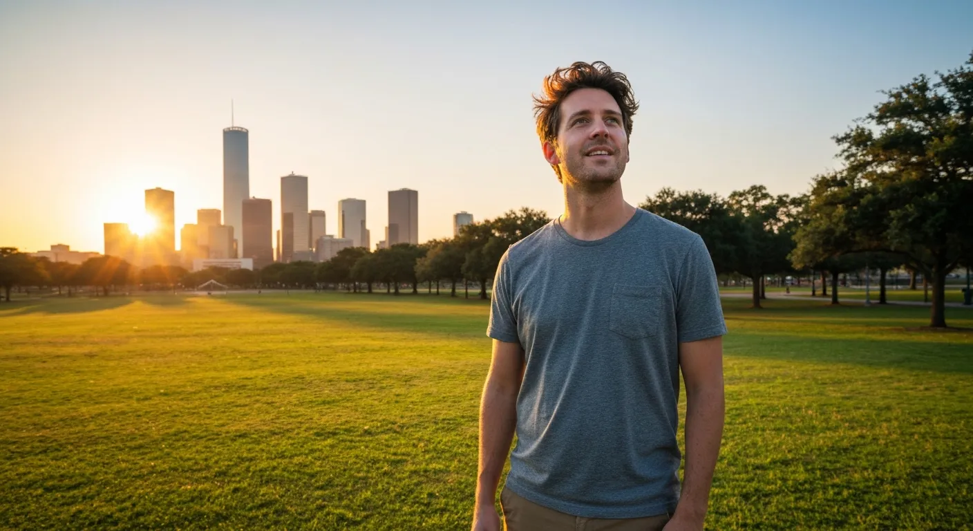 Hopeful man in Houston park sunrise