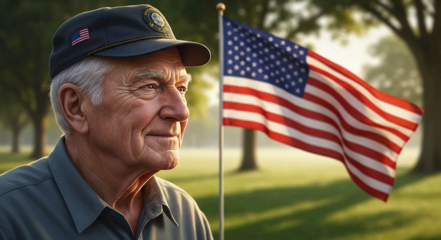 Thoughtful veteran with flag
