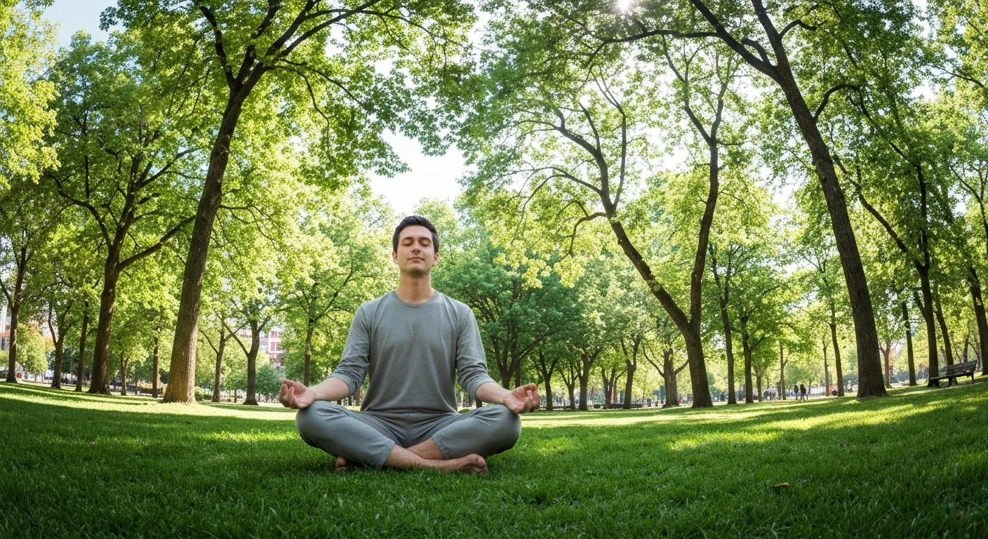 Person meditating in city park