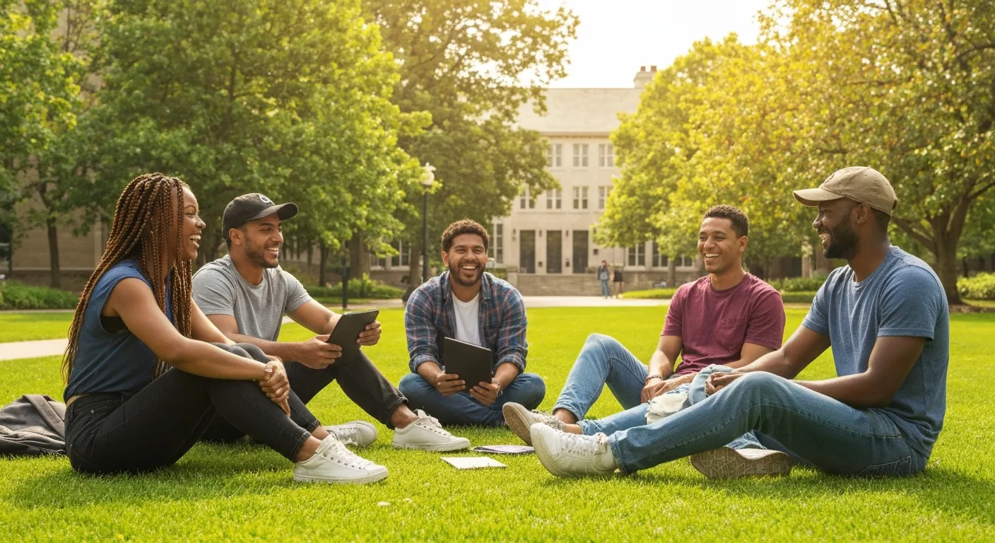Students relaxing on campus lawn