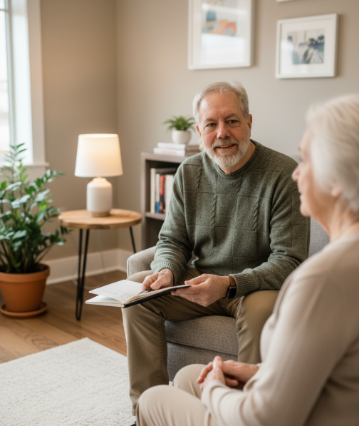 A therapist sits in a softly lit, neutral-toned counseling room with cozy furniture. They hold a notebook and listen with a calm, empathetic expression. A blurred client is seated across from them to maintain privacy. The atmosphere is warm, supportive, and professional, with natural lighting and soft shadows.