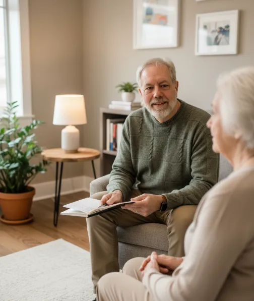 A therapist sits in a softly lit, neutral-toned counseling room with cozy furniture. They hold a notebook and listen with a calm, empathetic expression. A blurred client is seated across from them to maintain privacy. The atmosphere is warm, supportive, and professional, with natural lighting and soft shadows.