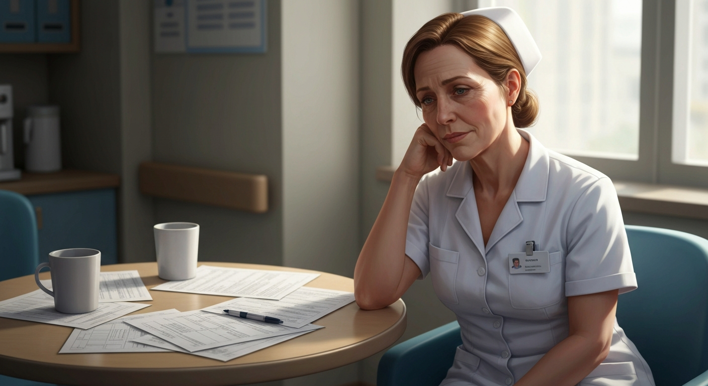 Fatigued nurse in hospital break room