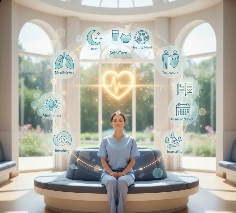 Illustration of a nurse in scrubs surrounded by visual icons representing strategies to cope with burnout, including rest, mindfulness, breathing exercises, healthy routines, teamwork, and emotional well-being. The scene has a calm, uplifting atmosphere with soft colors and a supportive, hopeful mood.