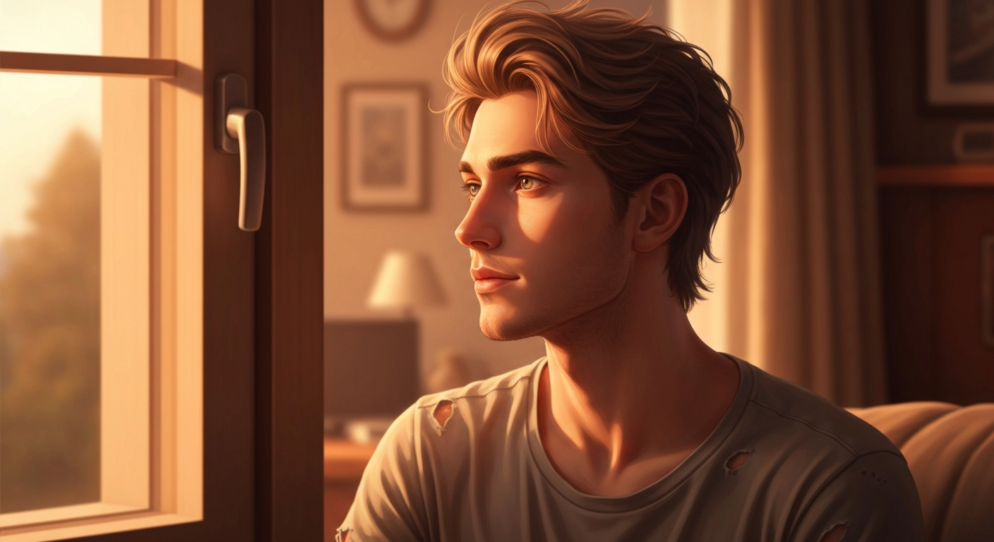 thoughtful survivor at window, digital